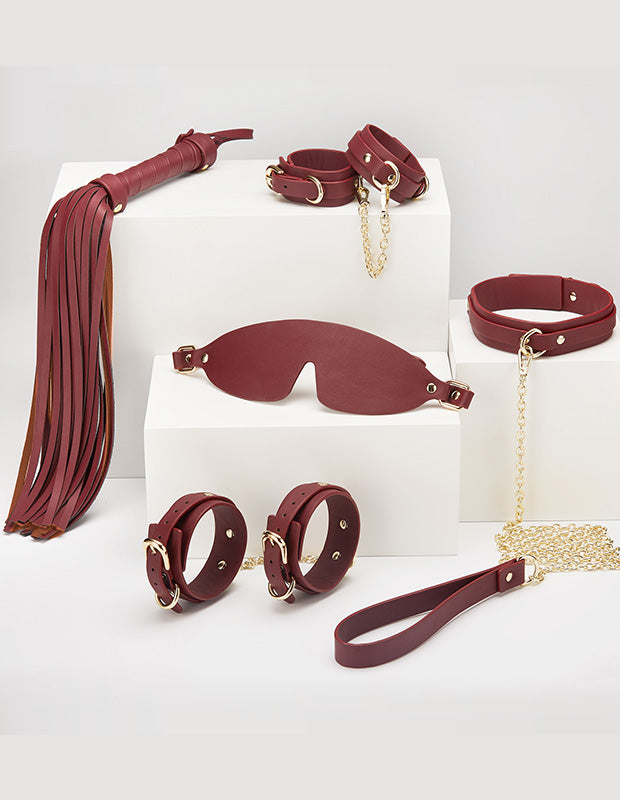 BDSM Bondage Set – The Ultimate Wine Red SM Restraint Kit ( (4) BDSM Bondage Set – The Ultimate Wine Red SM Restraint Kit with Whip, Cuffs & Blindfold - Image 1